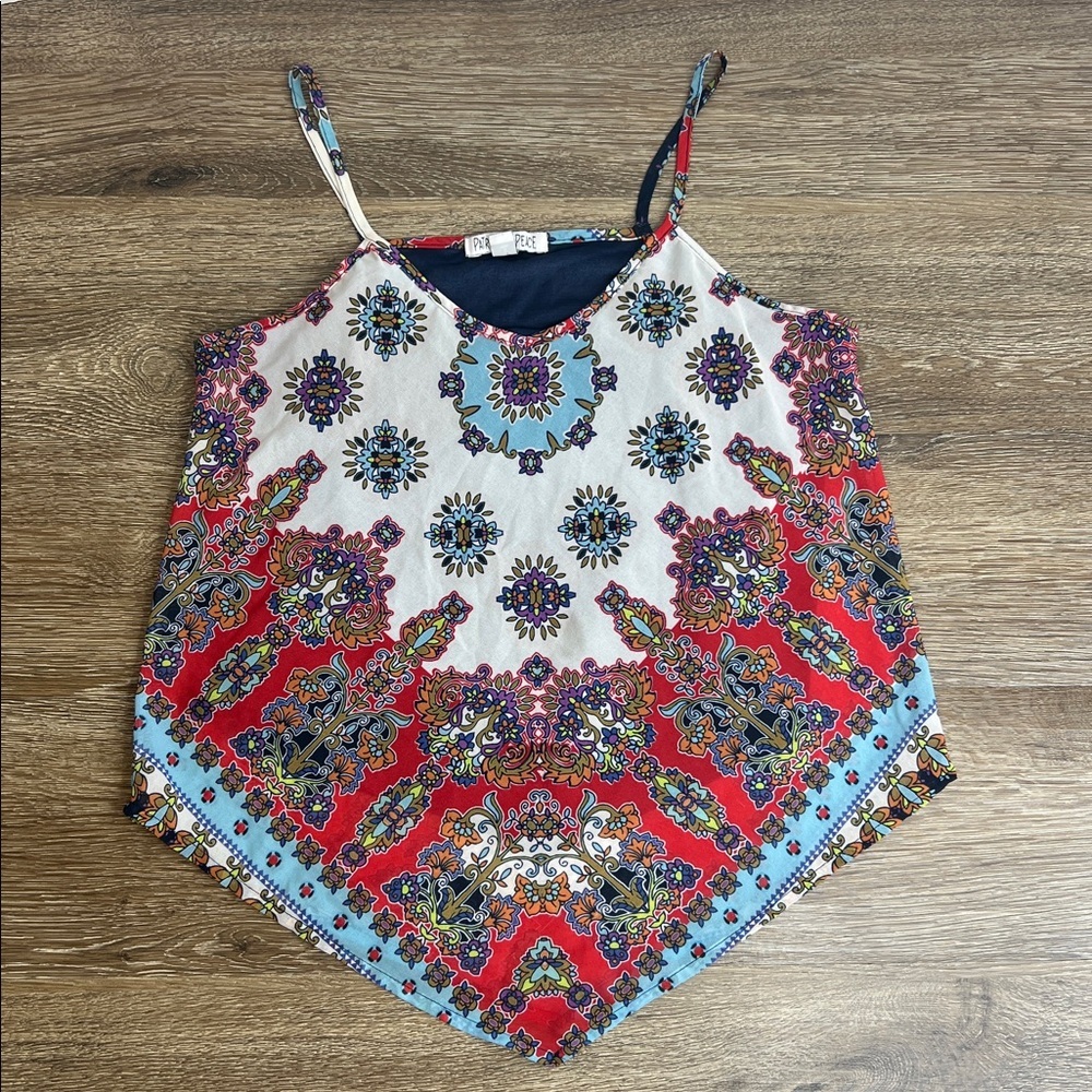 🌸 Patrons of Peace Boho Handkerchief Hem Cami Top – Multicolor – Size XS